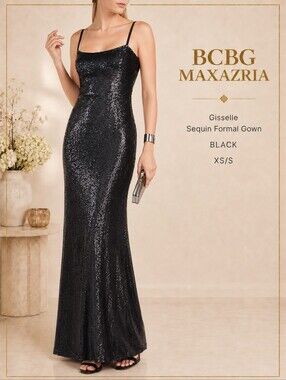 BCBGMAXAZRIA Black Sequin Prom Gown XS S | Formal Evening Dress Wedding GRAD